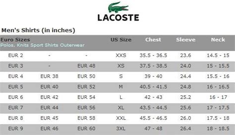 lacoste dress shirt size chart.